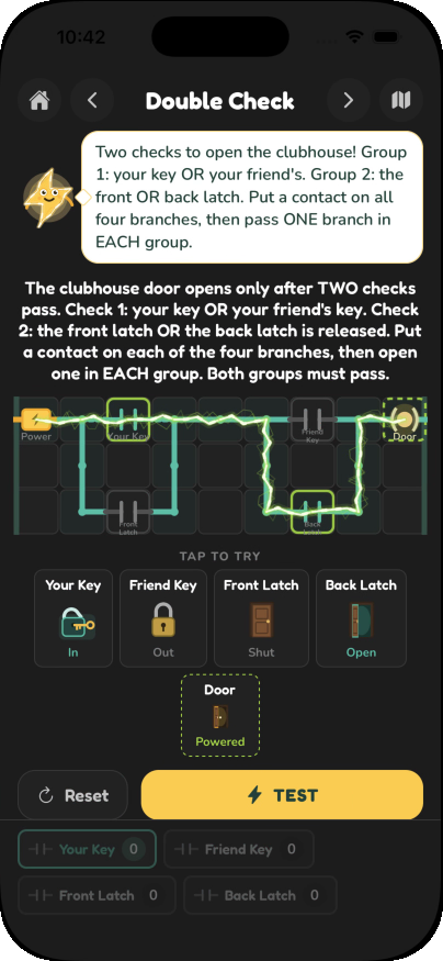 The Double Check circuit puzzle: keys and latches wired into two logic groups that both must pass to open a door.